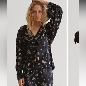 Damson Madder Navy Blue silky blouse blazer illustrated icons large US 16/ UK 12